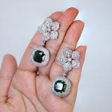 Cz Floral Emerald Colored Crystal/Green Drop Diamond earrings Long Bridal Jewelry Bridal Earrings Crystal Bridal Earrings Statement earrings