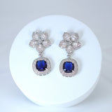 Cz Floral Sapphire Colored Crystal/Blue Drop Diamond earrings Long Bridal Jewelry Bridal Earrings Crystal Bridal Earrings Statement earrings