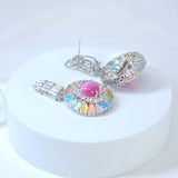Pink Blue Swarovski Crystal Bride Dangle Earrings, Long Bridal Earrings, Crystal Bridal Earrings, Statement Earrings, Gold Bride Earring.