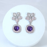 Cz Floral Purple Crystal/Green Drop Diamond earrings Long Bridal Jewelry Bridal Earrings Crystal Bridal Earrings Statement earrings