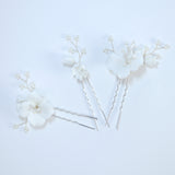 Porcelain White Floral Vine Garden Pearl Elegance Ensemble Hair Pins Set of 3 , Ceramic Hair pins Set, Bridal Hair Accessories