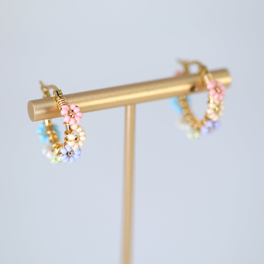 Gold Rainbow Beaded Hoop Earrings, Statement Earrings.