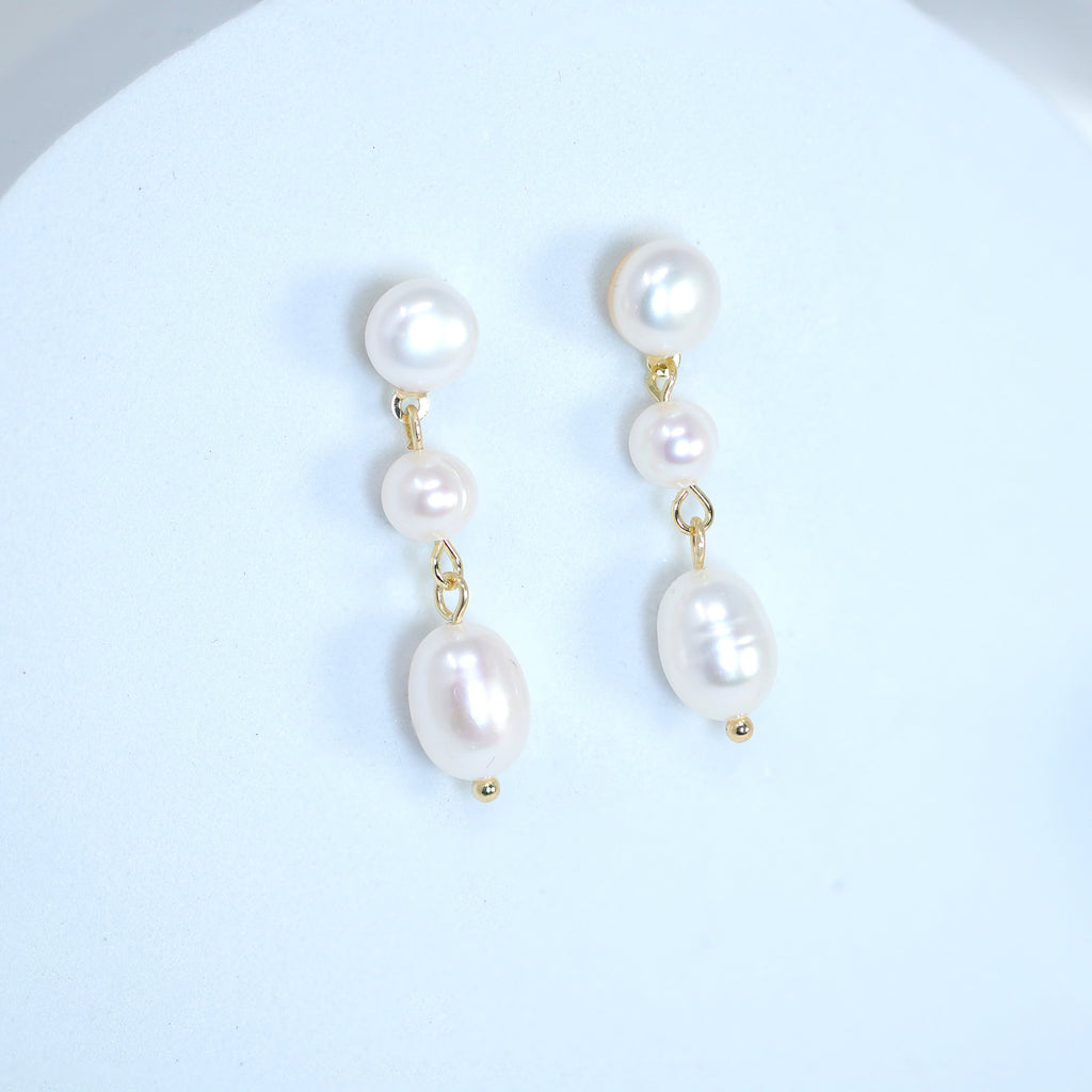 Sterling Silver 3 Freshwater Cultured pearl Bezel Earrings, Long Bridal Jewelry, Pearl Bridal Earrings, Statement Earrings.