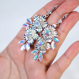 Swarovski Crystal Rainbow Silver Floral Leaves Drop Ab Crystal Earrings, Long Bridal Earrings, Crystal Bridal Earrings, Statement Earrings.