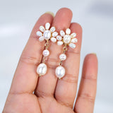 Natural Freshwater Pearl Flower Pearl Drop Earrings, Bridal Jewelry, Pearl Statement Earrings Cz