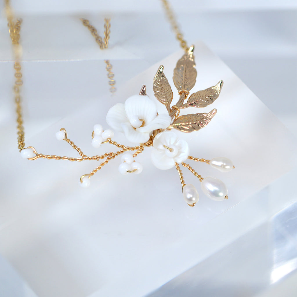Natural Cultured Freshwater Pearl White Flower Necklace Set, Long Bridal Jewelry Pearl Bridal Earrings and Necklace Statement Earrings