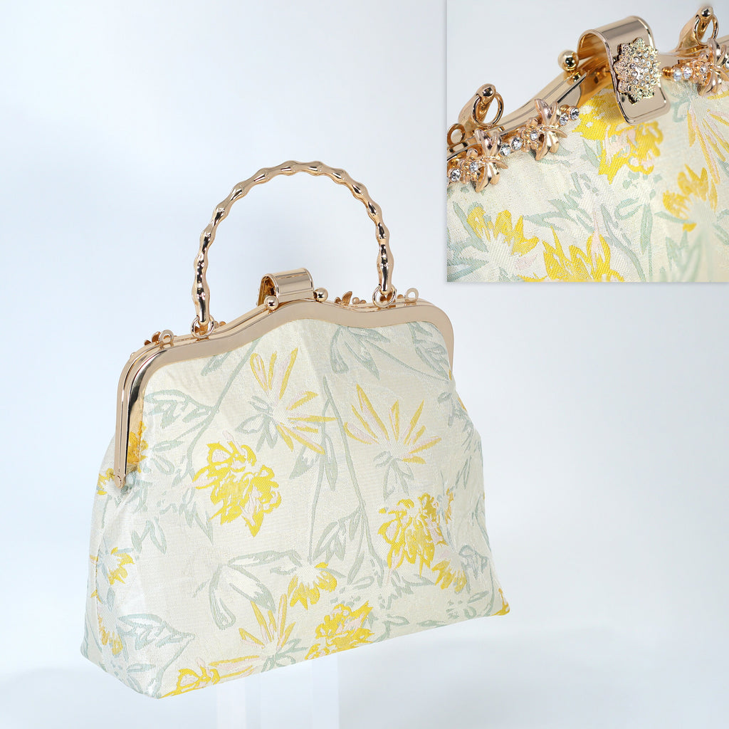 Shimmering Gold Yellow Floral Embroidered Fabric Floral Bridal Wedding Bag, Statement Bag, Evening Wedding Clutch, Cross Body Bag
