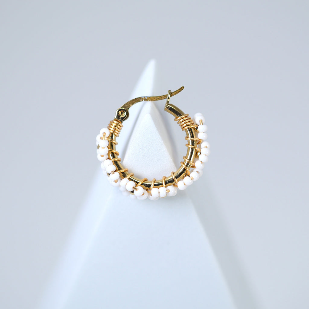 Gold White Beaded Hoop Earrings, Bridal Earrings, Wedding Guest Earrings, Statement Earrings.