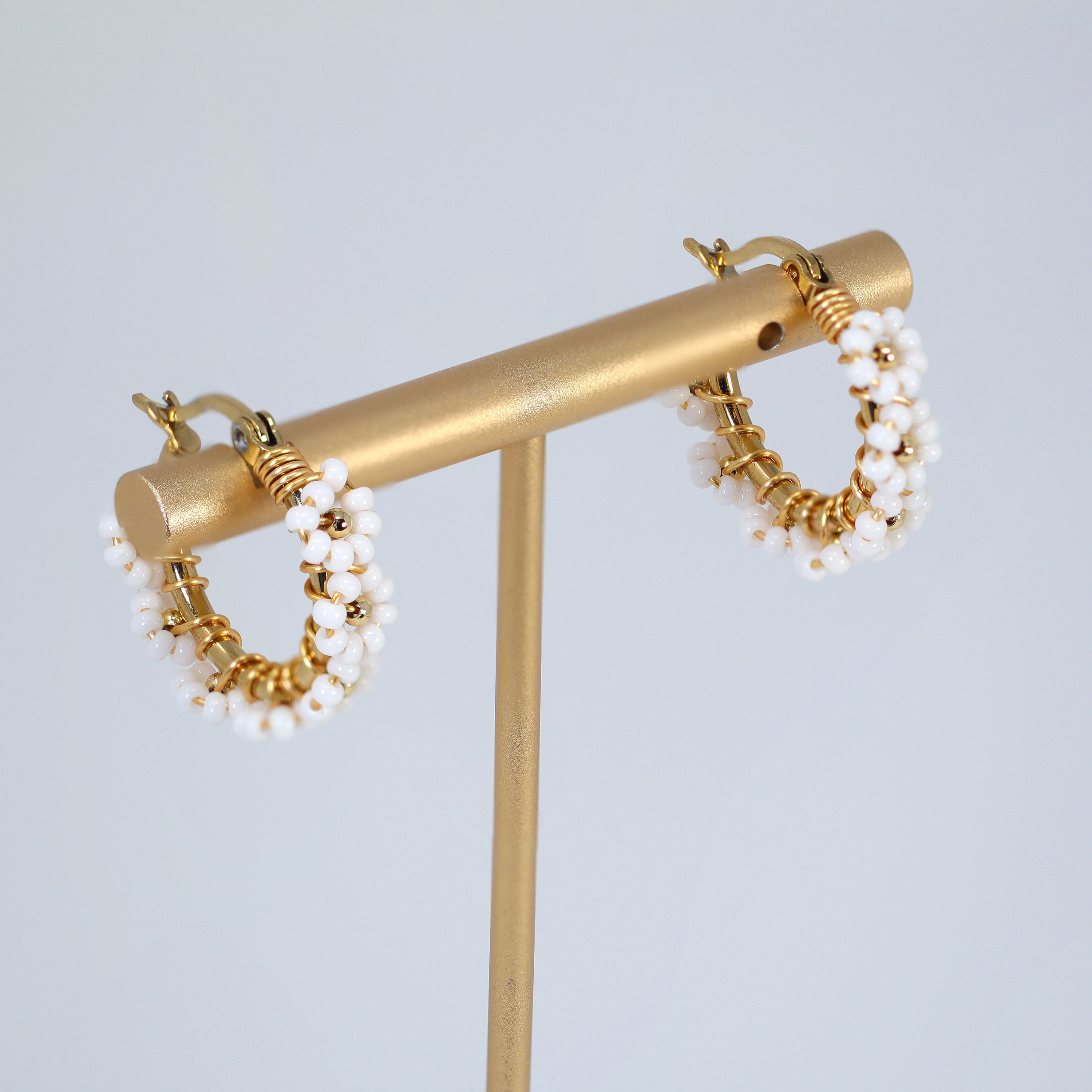 Gold White Beaded Hoop Earrings, Bridal Earrings, Wedding Guest Earrings, Statement Earrings.