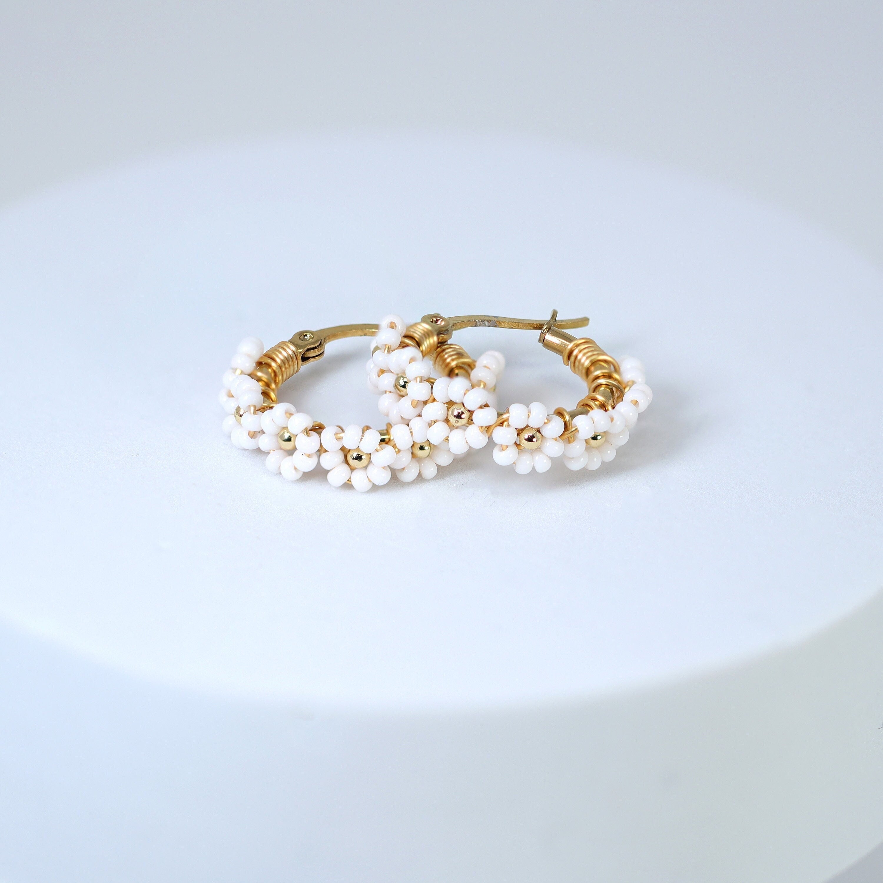 Gold White Beaded Hoop Earrings, Bridal Earrings, Wedding Guest Earrings, Statement Earrings.