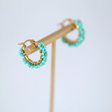 Gold Turquoise Blue Color Beaded Hoop Earrings, Bridal Earrings, Wedding Guest Earrings, Statement Earrings.