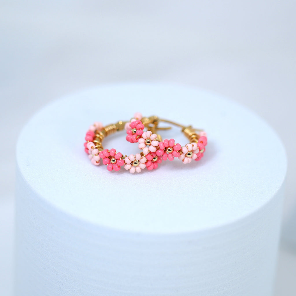 Gold Pink Color Beaded Hoop Earrings, Bridal Earrings, Wedding Guest Earrings, Statement Earrings.
