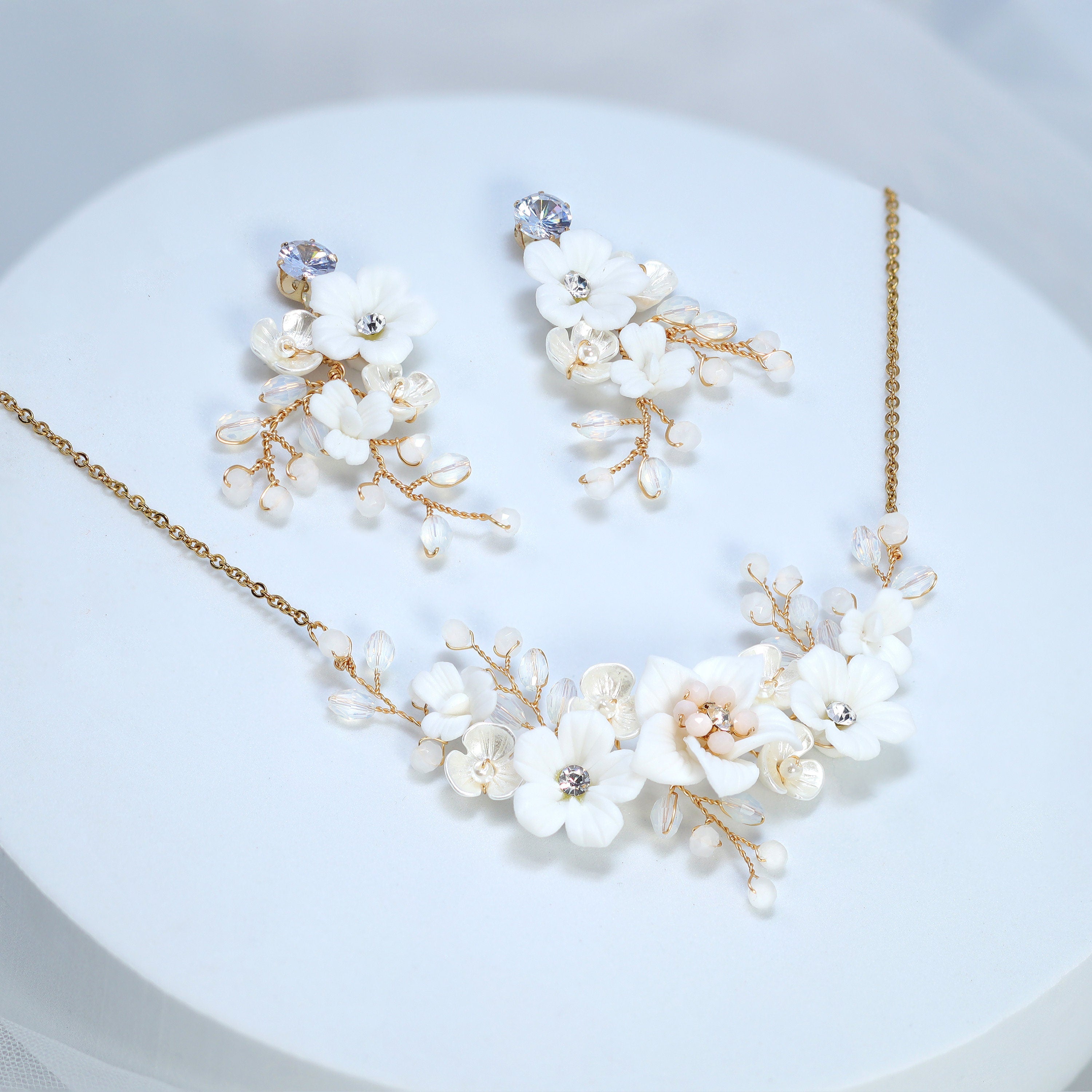 Swarovski Crystal White Floral Serenade Earrings , Long Bridal Jewelry Crystal Necklace Bridal Earrings Statement Earrings