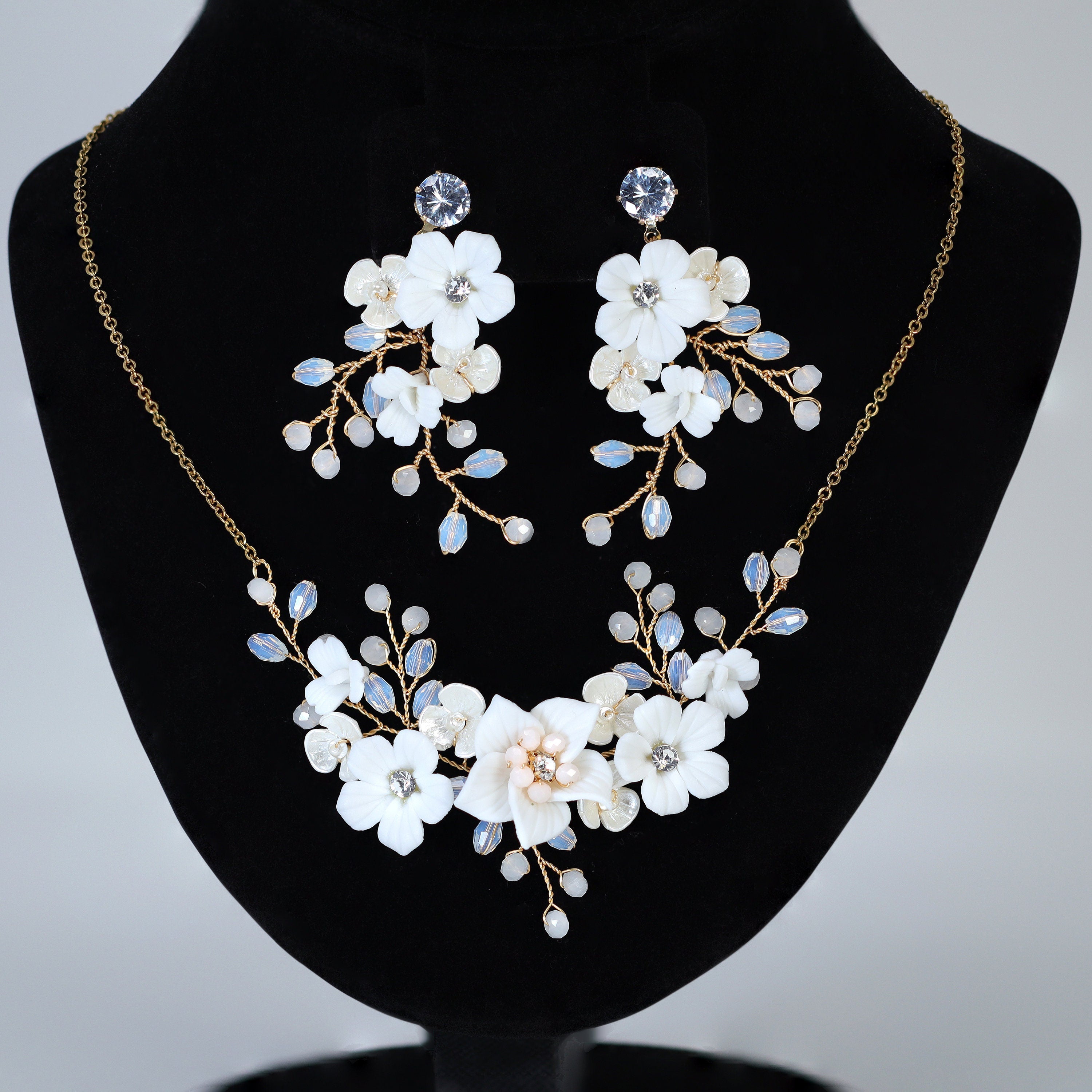 Swarovski Crystal White Floral Serenade Earrings , Long Bridal Jewelry Crystal Necklace Bridal Earrings Statement Earrings