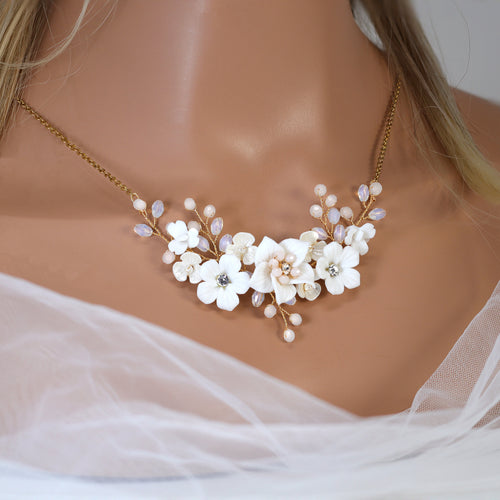 Swarovski Crystal White Floral Serenade Necklace set , Long Bridal Jewelry Crystal Necklace Bridal Earrings Statement Earrings