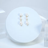Sterling Silver 3 Freshwater Cultured pearl Bezel Earrings, Long Bridal Jewelry, Pearl Bridal Earrings, Statement Earrings.