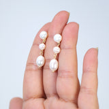 Sterling Silver 3 Freshwater Cultured pearl Bezel Earrings, Long Bridal Jewelry, Pearl Bridal Earrings, Statement Earrings.