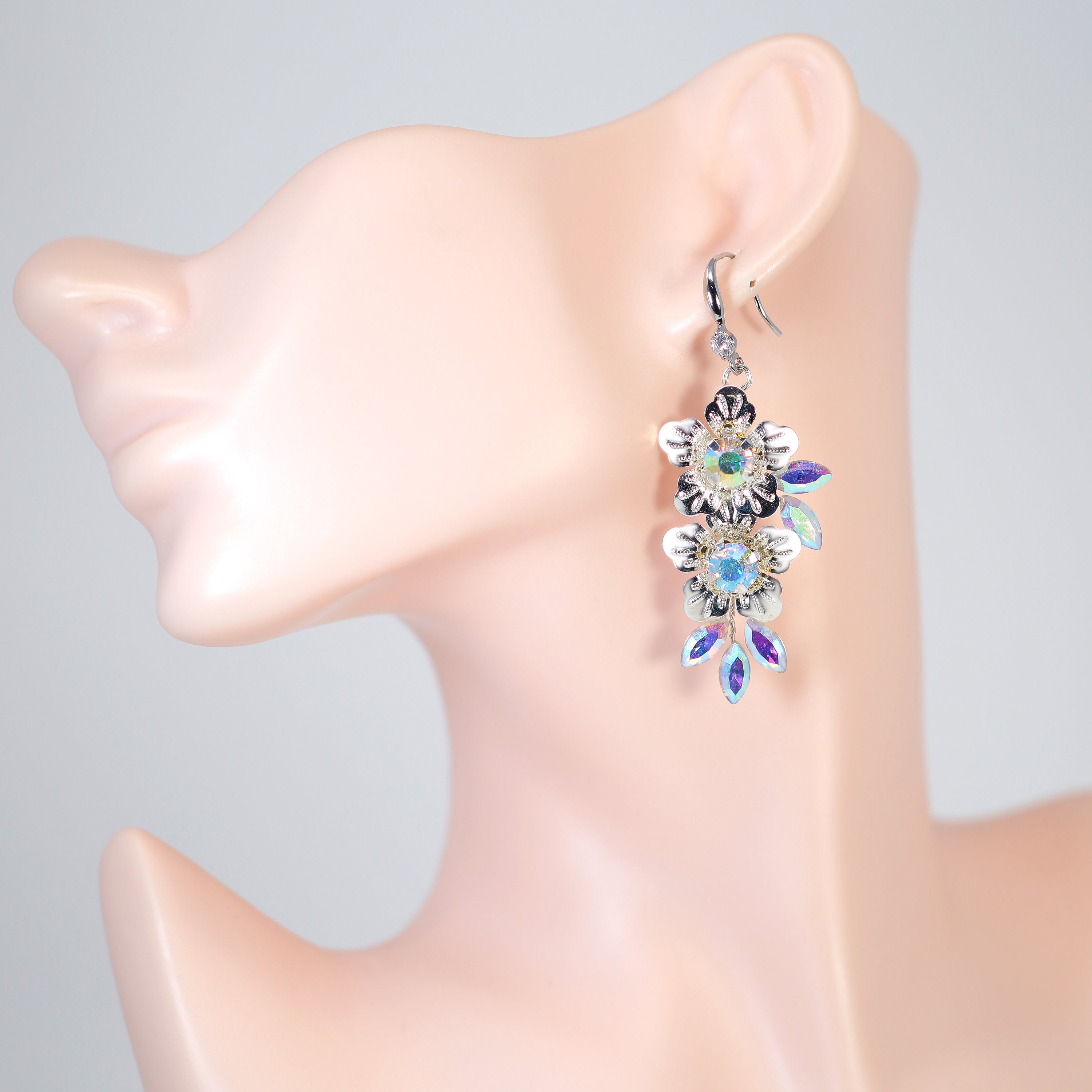 Swarovski Crystal Rainbow Silver Floral Leaves Drop Ab Crystal Earrings, Long Bridal Earrings, Crystal Bridal Earrings, Statement Earrings.