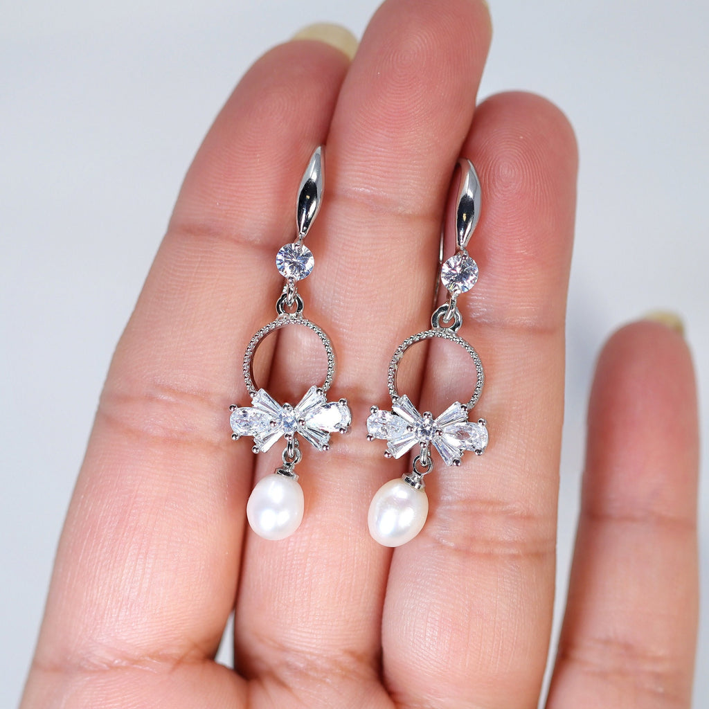 Natural Cultured Freshwater Pearl Drop Bridal Earrings, Crystal Bridal Earrings, Statement Earrings Cz