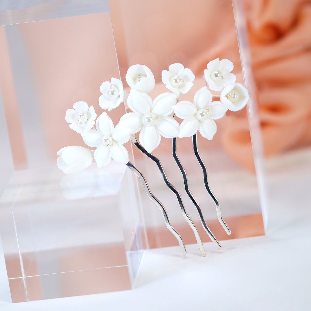 Ceramic White Lily flower Pearl Hair comb, Bridal Hair piece, Bridal Hair Accessories, Wedding Hair Accessory.