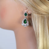 Swarovski Crystal Emerald Green Silver Floral Drop Elegant Pendant Necklace set, Gift for her, Bride Necklace, Wedding Necklace Set Cz