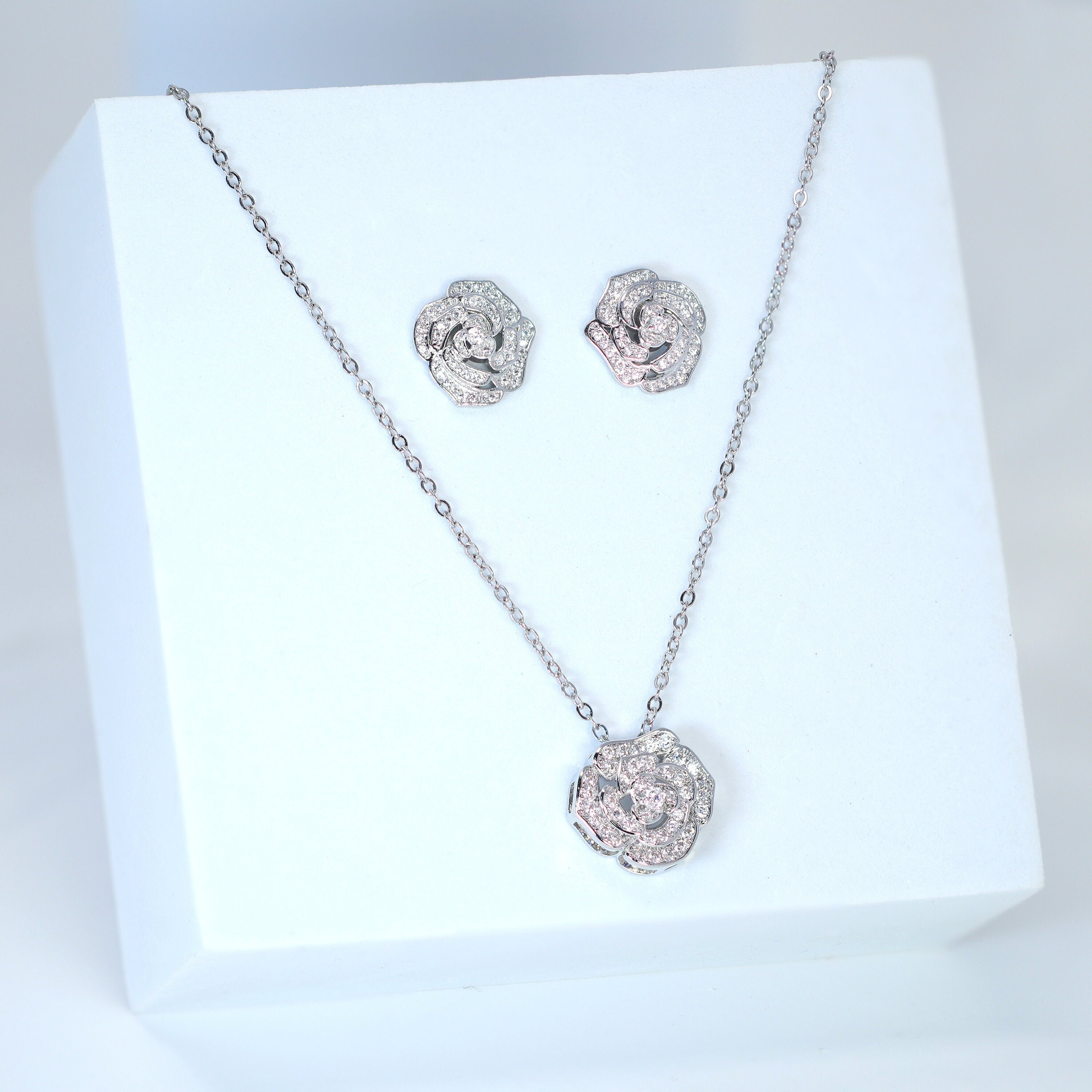 Enchanting Rose Radiance: Swarovski Crystal Rose Necklace and Stud Earrings for Brides, Crystal Bridal Necklace, Statement Necklace Cz