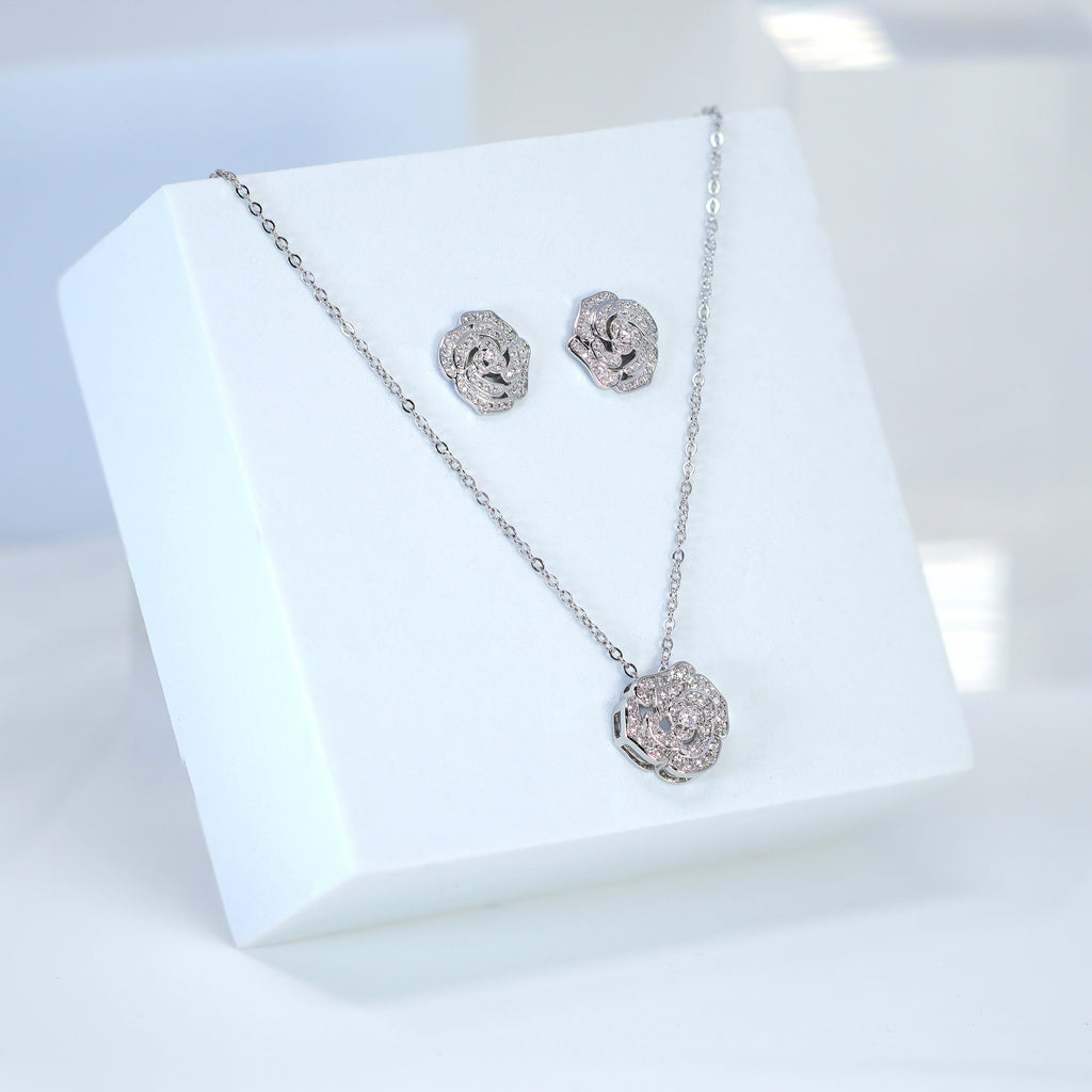 Enchanting Rose Radiance: Swarovski Crystal Rose Necklace and Stud Earrings for Brides, Crystal Bridal Necklace, Statement Necklace Cz