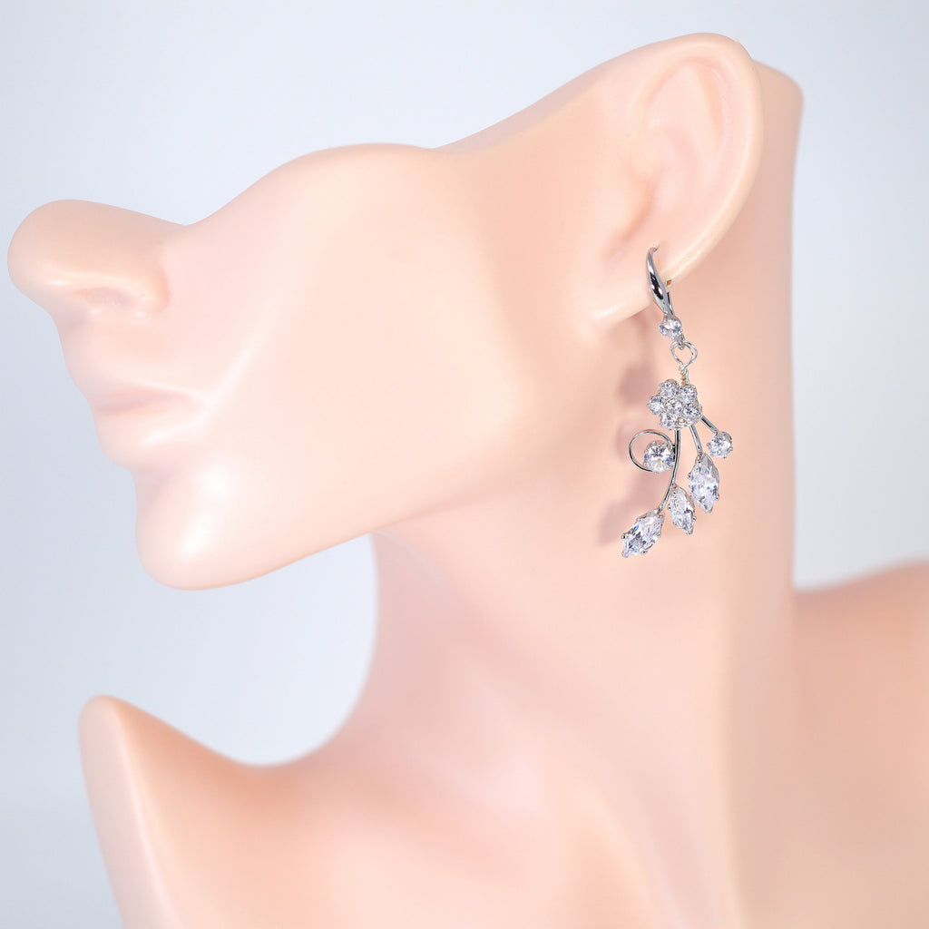 CZ Flower Vine In Paradise Dangle Earrings, Crystal/Diamond Earring, Long Bridal Jewelry, Crystal Bridal Earrings, Statement Earrings Cz