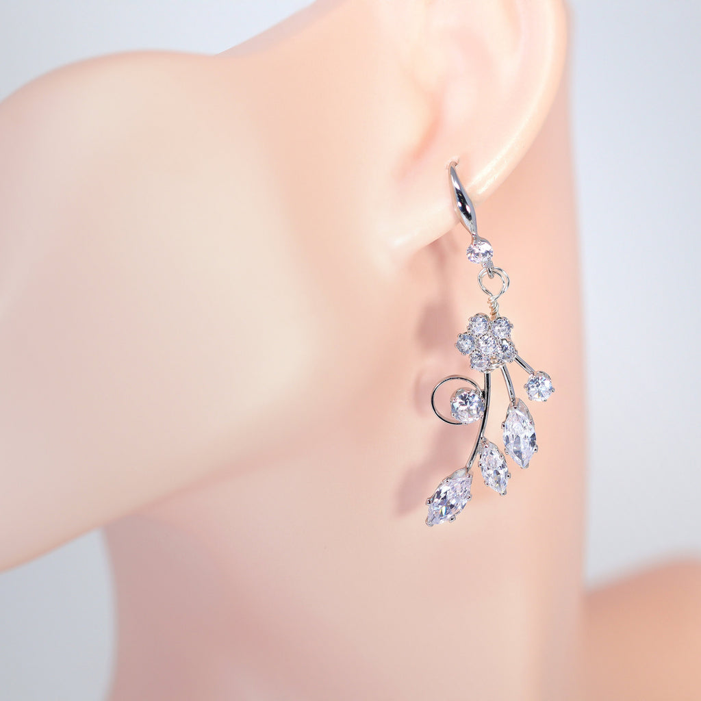 CZ Flower Vine In Paradise Dangle Earrings, Crystal/Diamond Earring, Long Bridal Jewelry, Crystal Bridal Earrings, Statement Earrings Cz