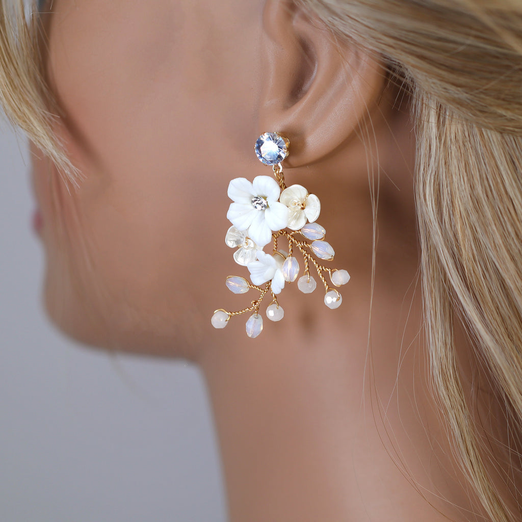 Swarovski Crystal White Floral Serenade Earrings , Long Bridal Jewelry Crystal Necklace Bridal Earrings Statement Earrings
