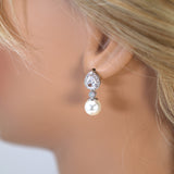 Swarovski crystal Dainty Pearl Drop Bridal Earrings, Crystal Bridal Earrings, Statement Earrings Cz