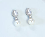 Swarovski crystal Dainty Pearl Drop Bridal Earrings, Crystal Bridal Earrings, Statement Earrings Cz