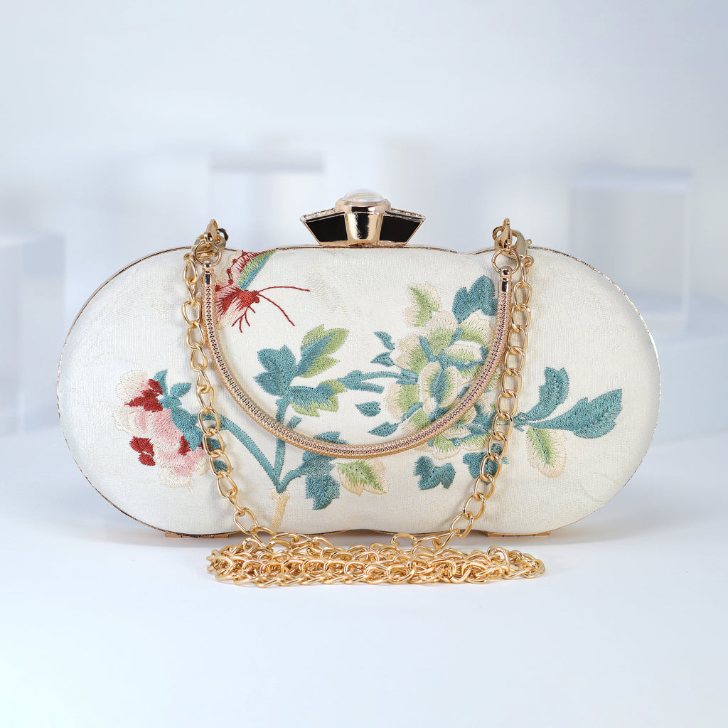 Light Beige Gold Embroidered Rose Floral Bouquet Wedding Bag, Statement Bag, Evening Clutch, Bridal Clutch, White Cross Body Bag