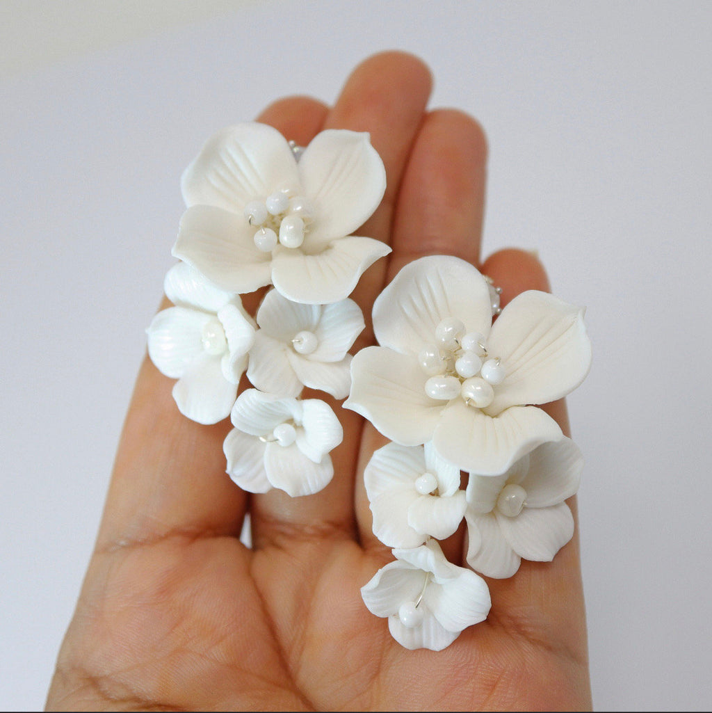 Ceramic White flower Flowers Pearl Jewelry Set, Bridal Hair piece, Bridal Hair Accessories, Wedding Hair Accessory.
