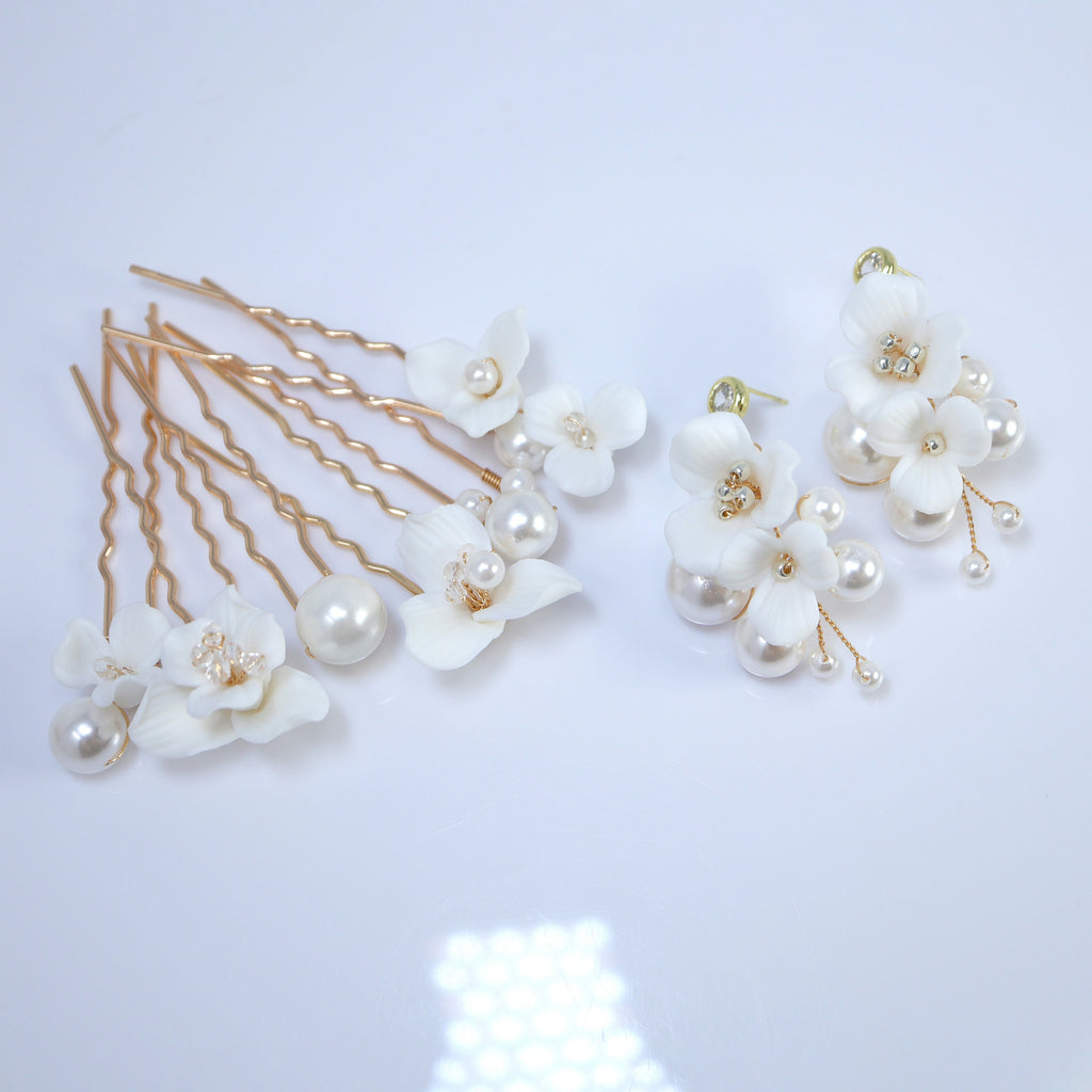 Porcelain White Floral Set Of 6 Pearl Elegance Ensemble Hair Pins Set of 3 , Ceramic Hair pins Set, Bridal Hair Accessories