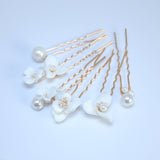 Porcelain White Floral Set Of 6 Pearl Elegance Ensemble Hair Pins Set of 3 , Ceramic Hair pins Set, Bridal Hair Accessories