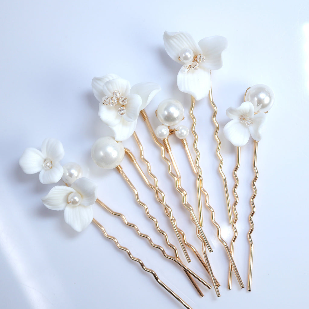 Porcelain White Floral Set Of 6 Pearl Elegance Ensemble Hair Pins Set of 3 , Ceramic Hair pins Set, Bridal Hair Accessories
