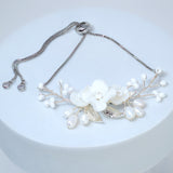 Natural Cultured Pearl White Flower Bridal Bracelet, Ceramic White Flower Opal Bracelet, Statement Bracelet, Porcelain Bracelet.