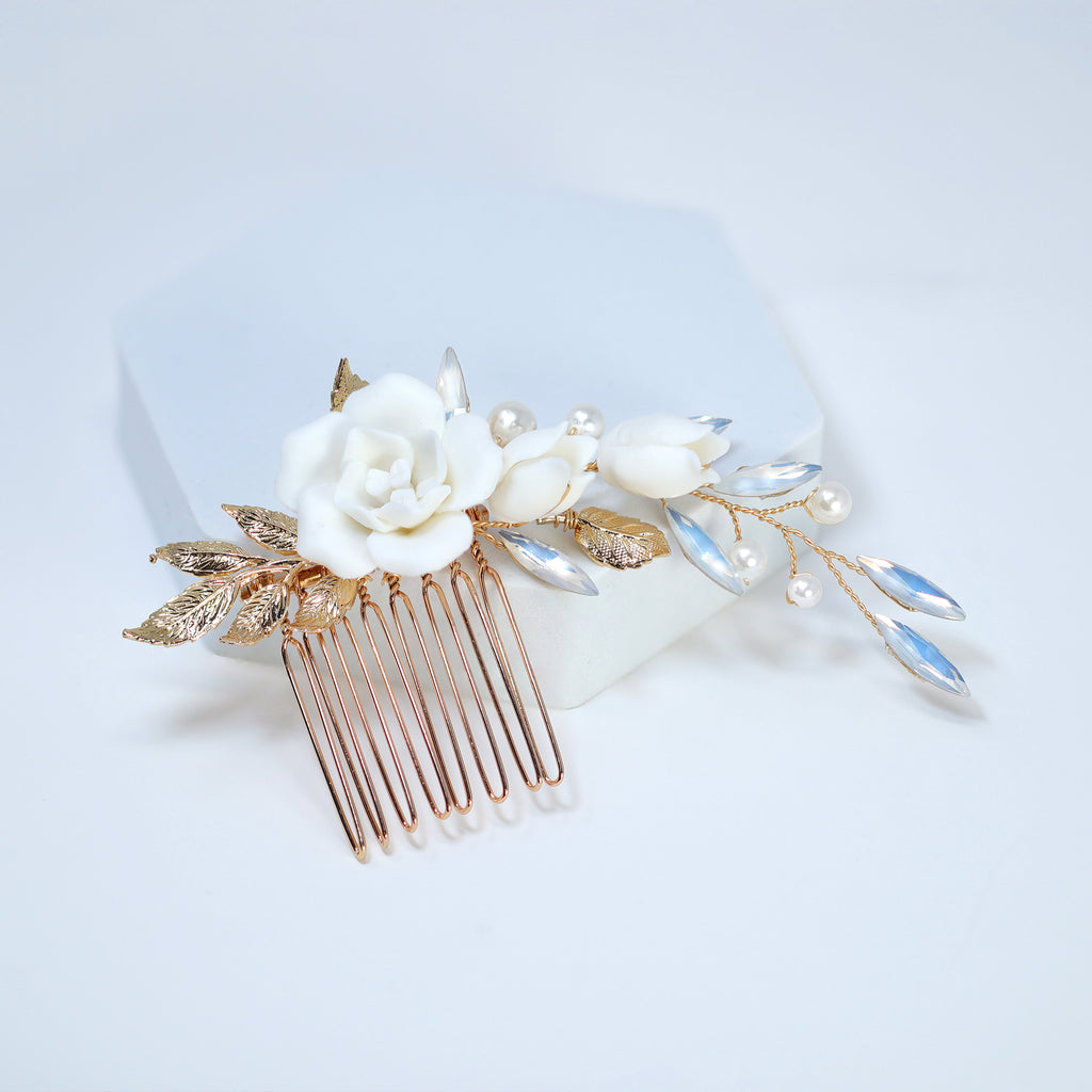 Porcelain White Rose With Dancing Lily Blossom Hair comb, Bridal Hair piece, Something Blue Hair Accessories, Wedding Hair Accessory.