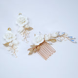 Porcelain White Rose With Dancing Lily Blossom Hair comb, Bridal Hair piece, Something Blue Hair Accessories, Wedding Hair Accessory.