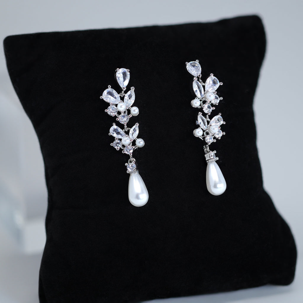 Swarovski crystal Fallen In Pearl Drop Bridal Earrings, Crystal Bridal Earrings, Statement Earrings Cz
