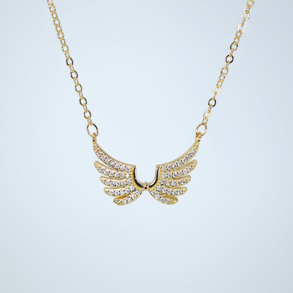 Shimmering Gold Angel Wings Charm Necklace, Bride to be, Valentine's Day Gift For Her, Galentine's Day, Statement Necklace Cz