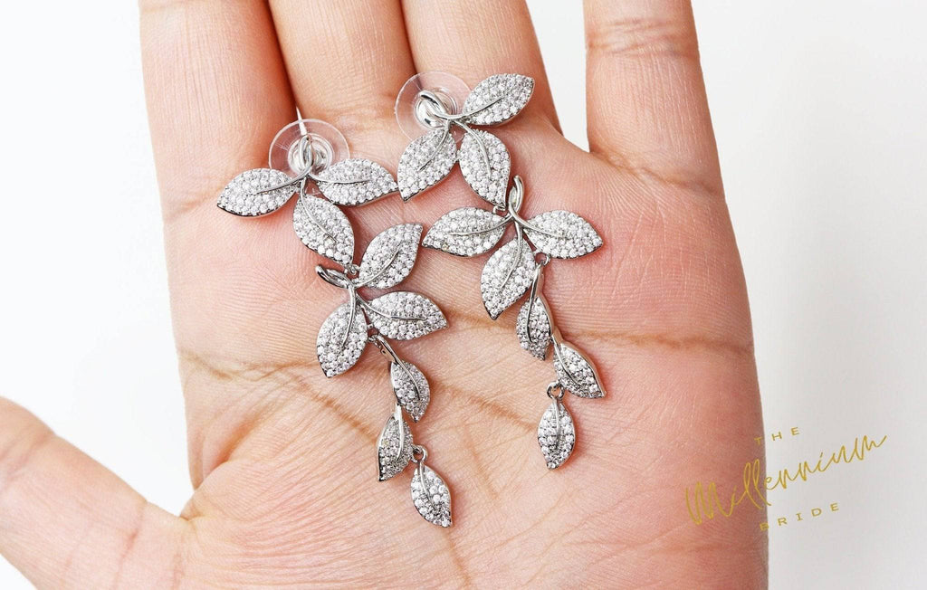 Long Bridal Vine Leaves Drop, Dangle Crystal, Diamond Earring, Long Bridal Jewelry, Crystal Bridal Earrings, Statement Earrings Cz