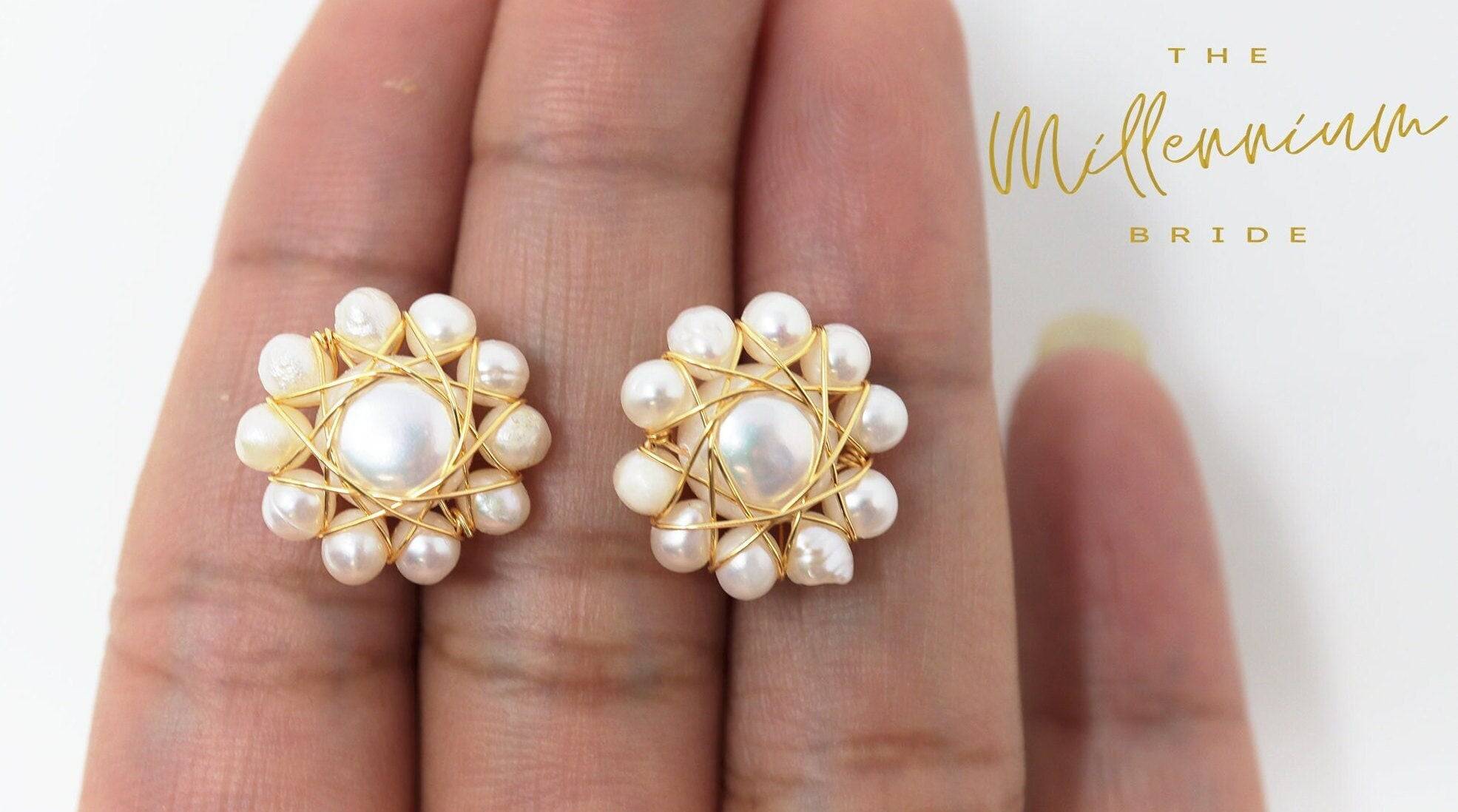 Natural Freshwater Pearls White Flower, Bridal Jewelry Bridal Stud Earrings Pearl Stud Bridal Earrings Statement Earrings Cz