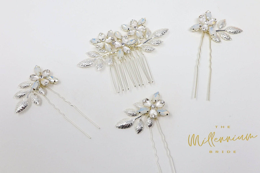 Bridal set white opal hair offers pins & leaves