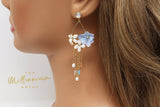 Real Immortal Blue White Flower Freshwater Pearls Crystal Earrings, Long Bridal Jewelry, Bridal Earrings Statement Earrings Cz