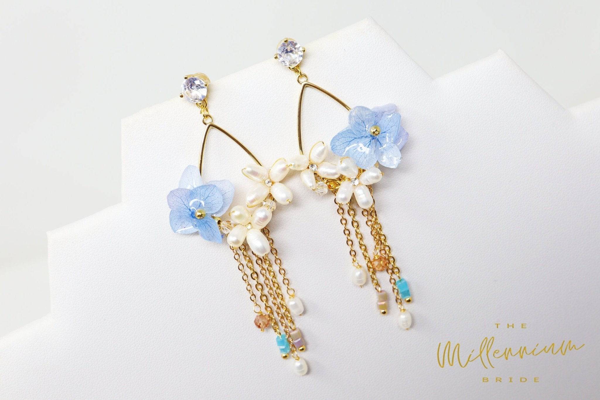Real Immortal Blue White Flower Freshwater Pearls Crystal Earrings, Long Bridal Jewelry, Bridal Earrings Statement Earrings Cz