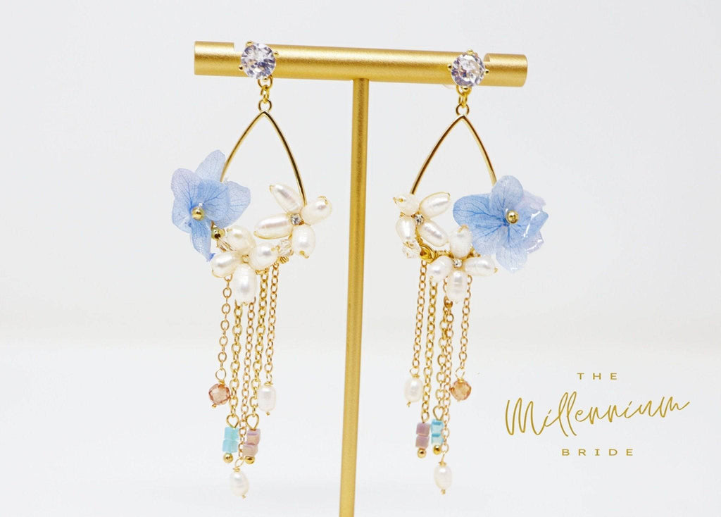 Real Immortal Blue White Flower Freshwater Pearls Crystal Earrings, Long Bridal Jewelry, Bridal Earrings Statement Earrings Cz