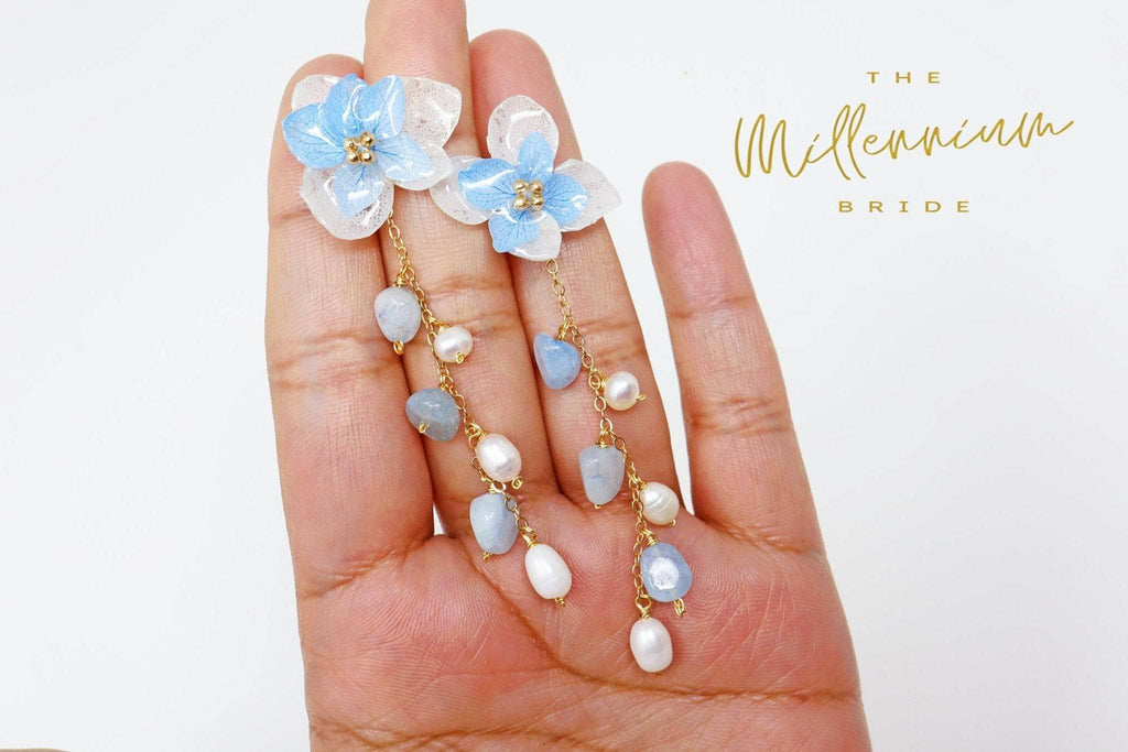 Real Immortal Blue White Flower Freshwater Pearls Earrings, Long Bridal Jewelry, Bridal Earrings Statement Earrings Cz