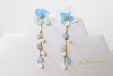 Real Immortal Blue White Flower Freshwater Pearls Earrings, Long Bridal Jewelry, Bridal Earrings Statement Earrings Cz